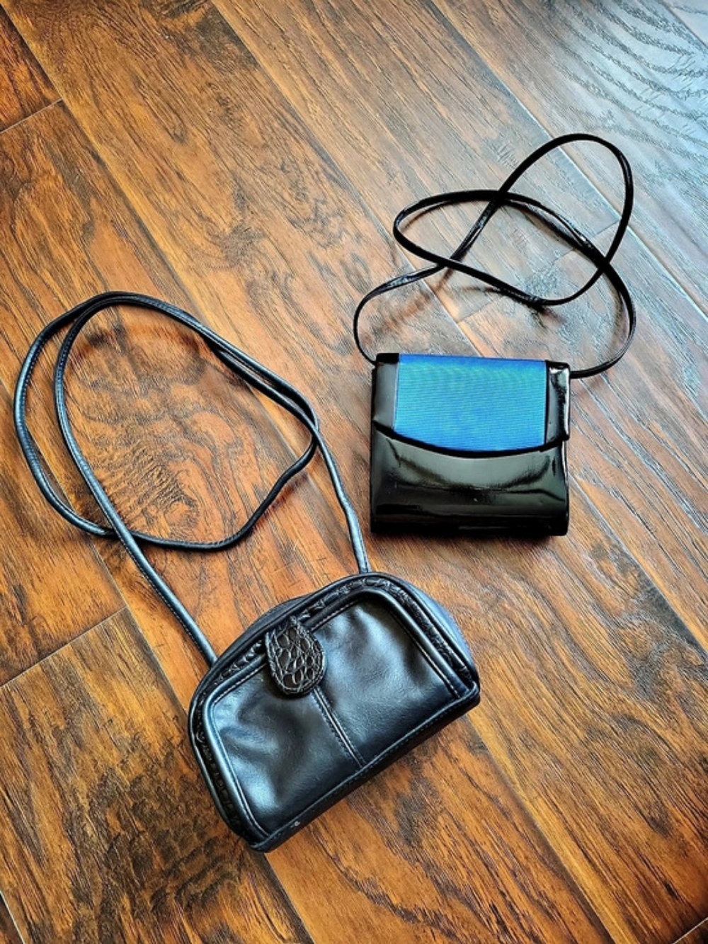 Vintage 90s Black Leather Crossbody Bag and Blue Accented shoulder purse bundle